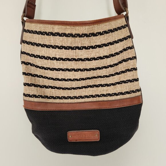 Lucky Brand Purse Tan Brown Natural Linen Faux Leather Bucket Hobo Crossbody Bag - Picture 2 of 13